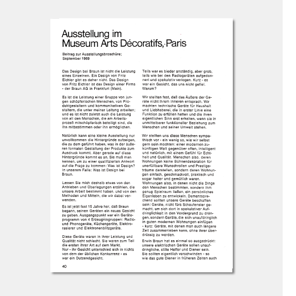 Fritz Eichler: Ausstellung im Museum Arts Décoratifs Paris Beitrag zur Ausstellungsbroschüre; September 1969