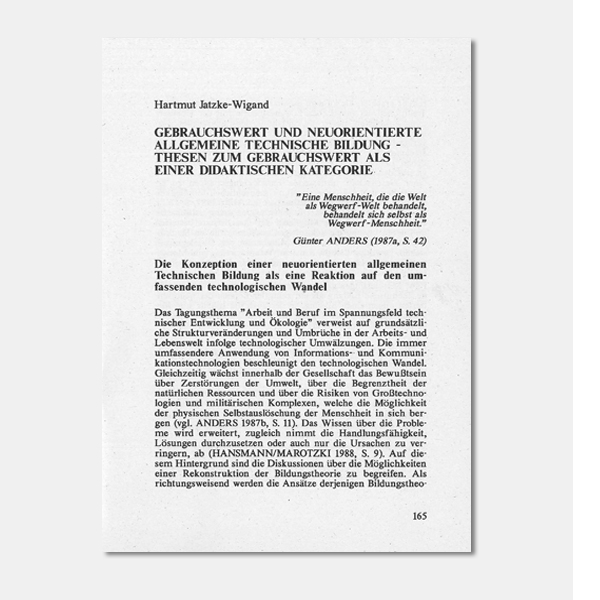 Hartmut Jatzke-Wigand: Gebrauchswert und neuorientierte allgemeine technische Bildung